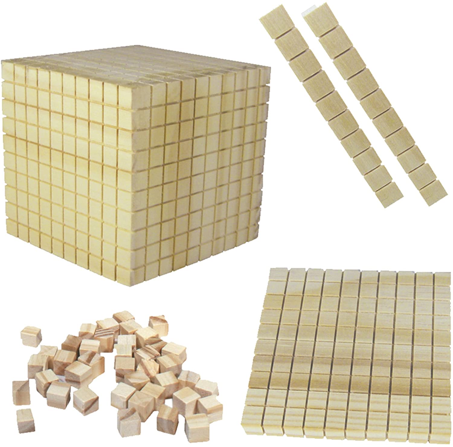 Material de madeira com representação de cubinhos, barras, placas e cubo. Material de madeira com representação de cubinhos, barras, placas e cubo.